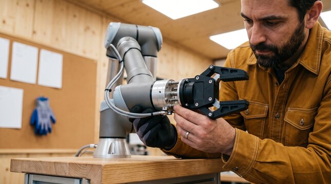 Worker Builds Automation Skills at Robotic Arm Training Bench