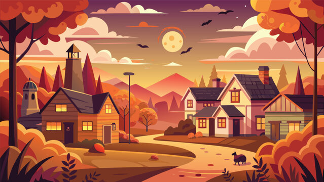 Quaint village scene at sunset in a colorful autumn forest landscape with landscape countryside peaceful illustration architecture environment beautiful charming residential twilight