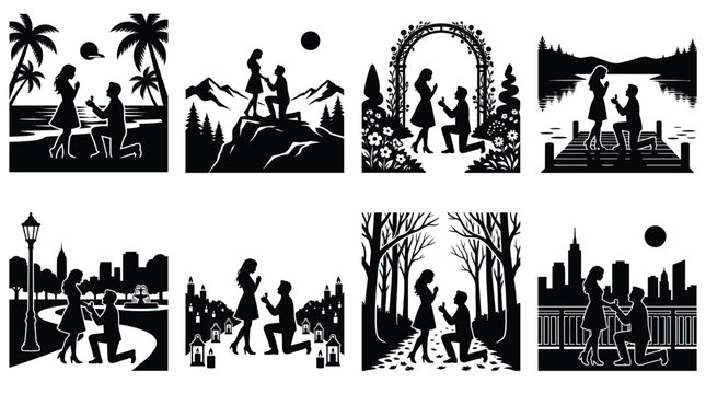 Eight black silhouette scenes depicting a man proposing to a woman in various romantic locations, including beaches, mountains, gardens, and cityscapes, on a white background