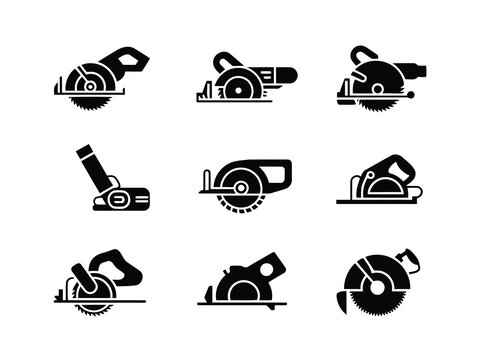 Circular saws and power tools icons on white background