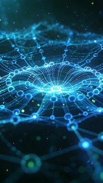 Vertical video: Glowing core node sparking mesh pulling in void, showing data flow via motes