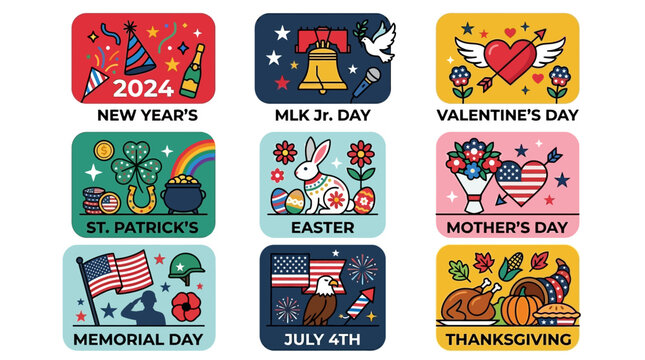 A vibrant digital illustration of various holiday icons and symbols arranged in a grid on a colorful background with text labels.