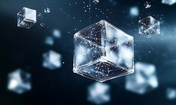 Digital blockchain network abstract concept with glowing cubes and connections in dark background.