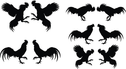 Rooster Silhouette Vector Icon Set Featuring Fighting and Crowing Poultry Birds for Farm Theme Designs © MdAungur