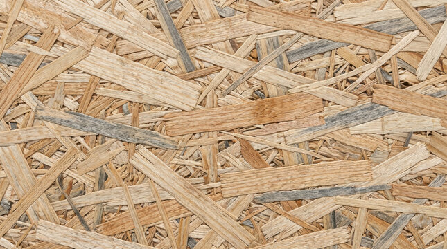 Detailed texture of oriented strand board featuring compressed wood chips and generated using ai