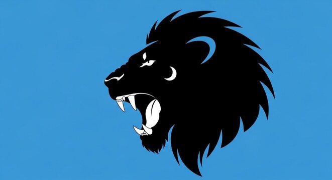 Black lion head silhouette roaring on a blue background