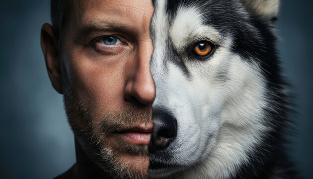 Siberian husky Caucasian man close up portrait face blue eye brown eye fur beard dramatic half human half dog portrait with serious expression