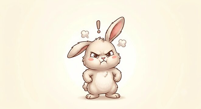 Cute angry bunny, furious little rabbit with steam coming out of its ears, digital illustration. 