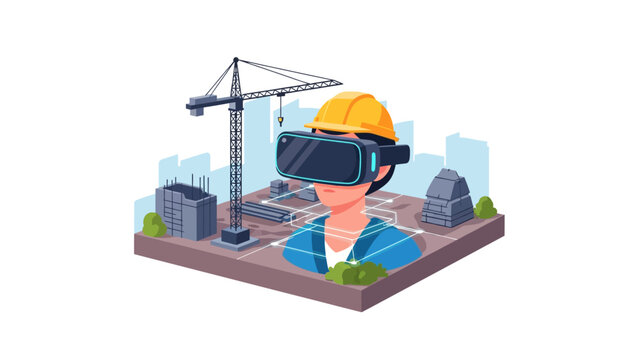 Engineer using VR headset on isometric construction site for digital planning