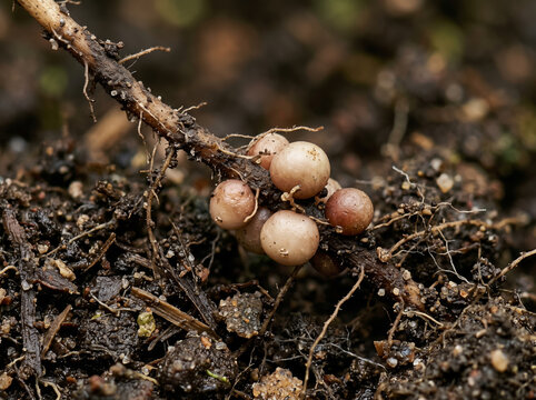 Root nodules containing nitrogen fixing bacteria on a plant root in wet soil