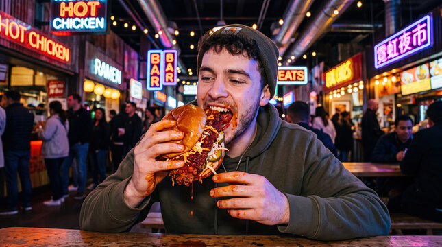 Man sandwich chicken bite street food night market neon young male, young man eating large hot chicken sandwich with eager smile at night street food market under colorful neon sign