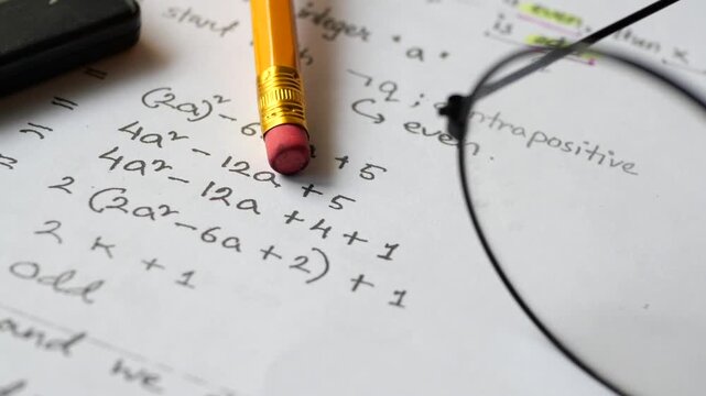 Close-up cinematic footage of mathematical equation problem on white paper, glasses, pencil, and calculator, dynamic video clip for educational content