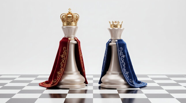 Royal chess concept featuring a king in a red velvet cape and a queen in a blue cape standing on a chessboard