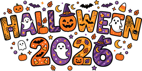 Fototapeta premium Festive halloween 2026 typography with pumpkins ghosts and candy illustration
