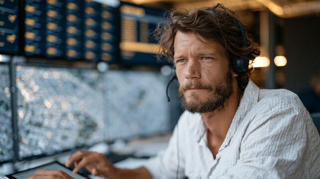 A drone delivery operator monitors a live aerial feed in a dispatch room lined with screens, a fleet status board updating in real time behind him, headset on, fingers ready at a