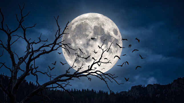 Spooky halloween scene featuring large full moon with flying bats and dead tree branch silhouettes.