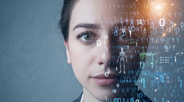 Close-up portrait of a woman's face overlaid with binary code and digital network graphics, representing artificial intelligence, big data, and future technology concepts.