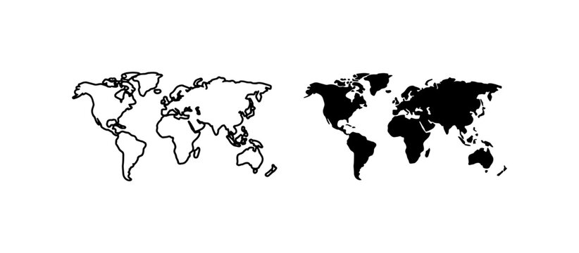 Minimalist world map vector set, black outline and solid silhouette earth icons, global geography atlas graphics