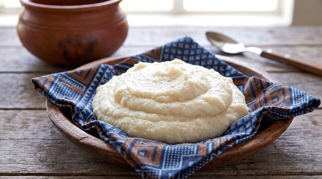 Traditional South African Stiff Maize Meal Pap Served on Colorful Shweshwe Fabric in Rustic Bowl