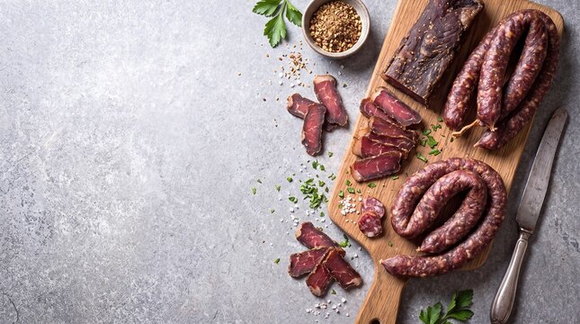 Flat Lay Display of Traditional South African Biltong and Dry Wors on Wooden Board