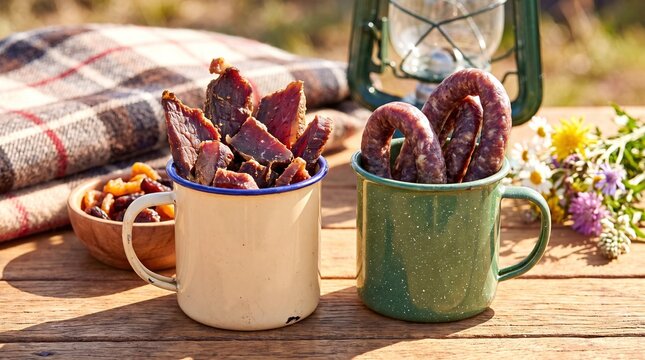 Rustic Enamel Mugs Filled With Traditional South African Biltong And Dry Wors On Wooden Table
