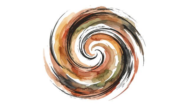Abstract circular brown and grey watercolor spiral splash with watercolor wash