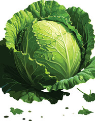 Obraz premium Fresh green cabbage with water droplets, isolated healthy vegetable illustration, natural food element, crisp organic produce