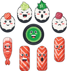 Cute cartoon kawaii sushi character set design vector © Buddhadeb