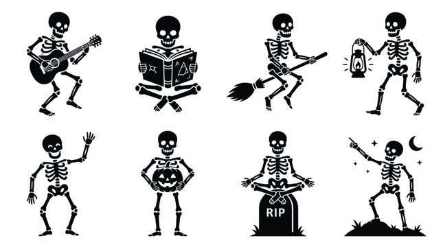 Set of cartoon skeleton characters in various activities, black silhouettes of skeletons playing guitar, reading, flying on a broom, and waving, isolated on white background