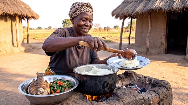 Joyful African woman serving traditional Nshima maize porridge with fish in a rural village setting