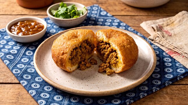 A traditional South African vetkoek filled with flavorful curry mince on a rustic wooden table setting