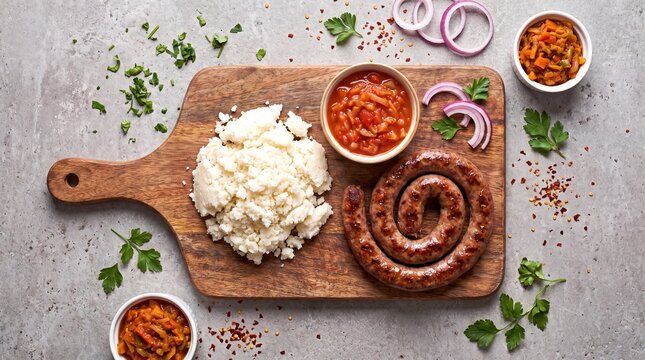 Traditional South African Pap, Boerewors, and Sheba Sauce Flat Lay on a Rustic Wooden Board