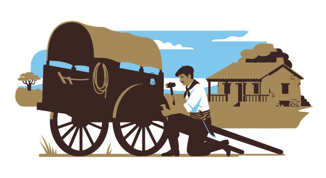 Pioneer man repairing wagon wheel in front of rustic house, historical illustration