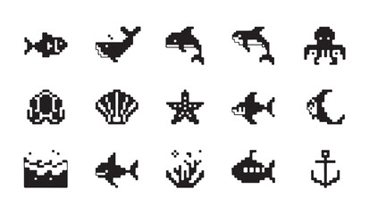 Marine life and ocean animal icons set featuring whale shell starfish and anchor in pixel. © parul