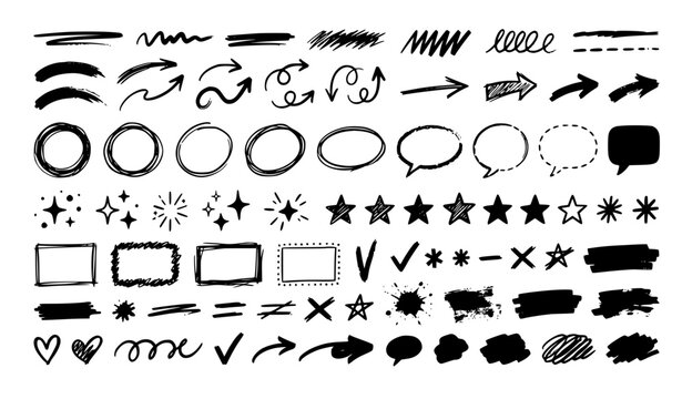 Design a modern vector pack of expressive hand-drawn annotation elements displayed on a solid white background. Include a diverse assortment of freehand underlines, zigzag highlights, curved brush str