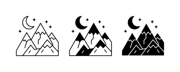 Mountain Icons, Night Sky Landscapes, Crescent Moon & Stars, Vector Graphics Set for Adventure & Nature Themes © Rohoman