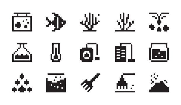 Aquarium pixel icons set, fish tanks and accessories for fish keeping 8 bit vector art.