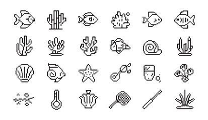 Pixel art aquatic life and ocean plants collection vector icons. © parul