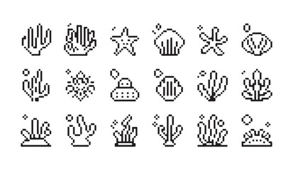 Pixel art coral reef plants and underwater life icons collection vector. © parul