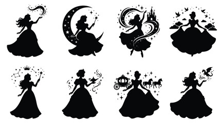 Set of eight black silhouettes of fairy tale princesses in various poses, including with a magic wand, crescent moon, castle, carriage, and dragon, isolated on a white background © NoobCreaTion