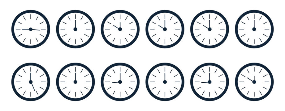 Time Zone Clock Icon set, outline analog clock faces showing different hours from 1 to 12, vector illustration for schedules, world time, planning, and business applications.