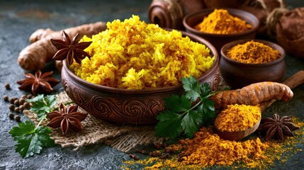 Fototapeta premium Turmeric rice aromatic grains comfort food energy boosting flavorful balance copy space culinary inspiration theme realistic Manipulation contemporary food styling background. 