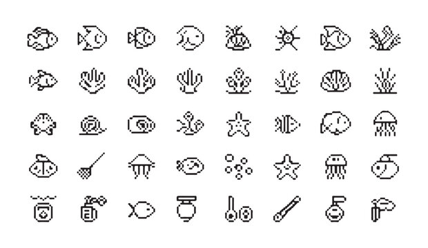 Aquarium icons collection featuring pixel art fish coral jellyfish and underwater equipment.
