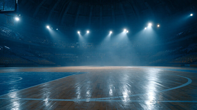 Professional basketball court inside a brightly lit indoor arena with empty stadium seating and high contrast spotlights.