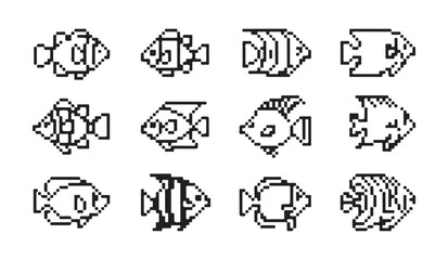 Pixel art tropical fish isolated on a white background, black and white outline icon set for games. © parul