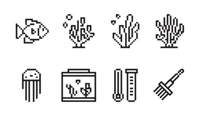 Pixel art aquarium elements fish coral jellyfish thermometer brush. © parul