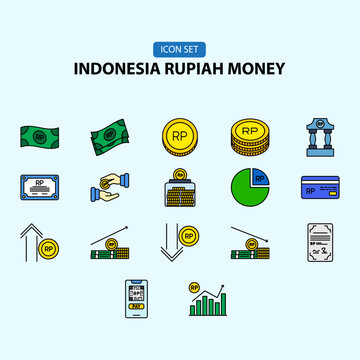 Rupiah currency icon set with colorful financial symbols for digital designs. Perfect for business, finance, websites, presentations, and marketing materials.