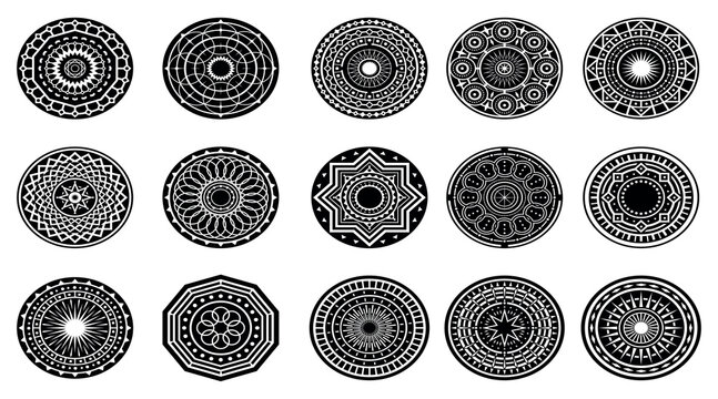 Set of detailed black and white circular mandala ornament icons