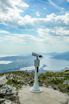 Vertical Tourist Telescope on Mountain Viewpoint Above Kotor Bay Montenegro