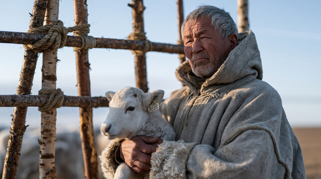 Elderly Sami reindeer herder in traditional kofte garment checks ear tag on calf separated from herd on open tundra plain, birch corral poles lashed with rope, low Arctic sun